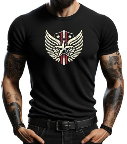 Camiseta Negra de Hombre con Estampado de Alas y Estrella, Diseño Vintage de Estilo Militar - Manga Corta y Ajuste Moderno