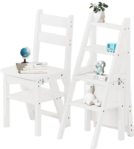 Silla Escalera Plegable 3 en 1 de Madera Sólida, Taburete Escalonado Convertible y Estante de Exhibición, Escalera Multifuncional de 4 Niveles, para el Hogar, Cocina, Biblioteca (Blanco)