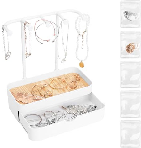 SHILIPAIJC Schmuckständer Klein mit 5 Schmucksäckchen, Doppelschicht Schmuckhalter mit Bodenschale, Ohrringhalter Schmuckaufbewahrung für Halsketten, Armbänder, Armreifen, Ringe, Uhren, Parfüm (Weiß)