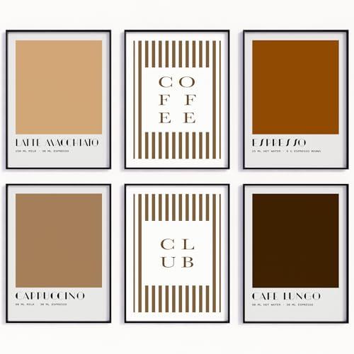 MJ-GRAPHICS® 6er Poster Set Kaffee Club, Espresso, Latte Macchiato, Café Lungo - Vintage Deko Wandbilder A4 Ohne Rahmen