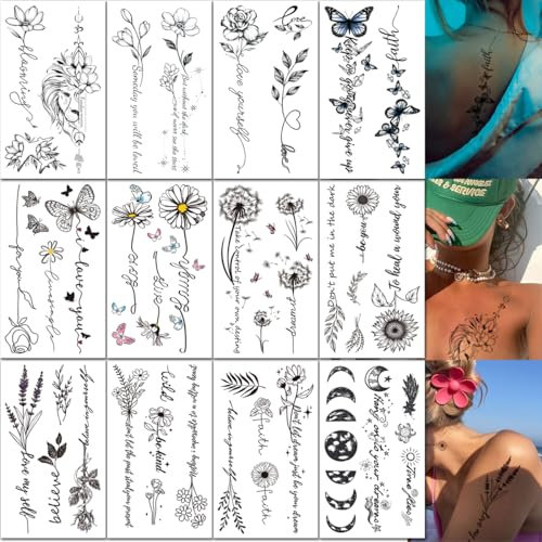 CHARLENT Temporäre Tattoos mit Blumenwörtern für Frauen und Mädchen – langlebige, wasserdichte, realistische, schwarze, sexy temporäre Tattoos für Frauen, Körperkunst, Arm und Rücken