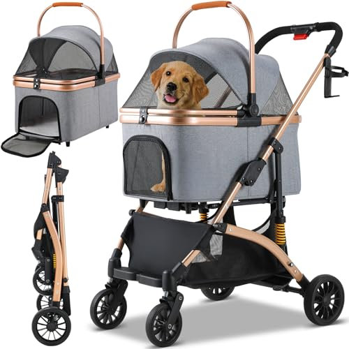 Hundebuggy 3 in 1 Hundewagen Hundebox Transporttasche,Faltbar klappbar Katzenwagen,Bis 20kg,360° Verschleißfeste Gummiräder, Ablagekorb,Netzfenstern Getränkehalter,für kleine Hunde & Katz,Dunkelgrau