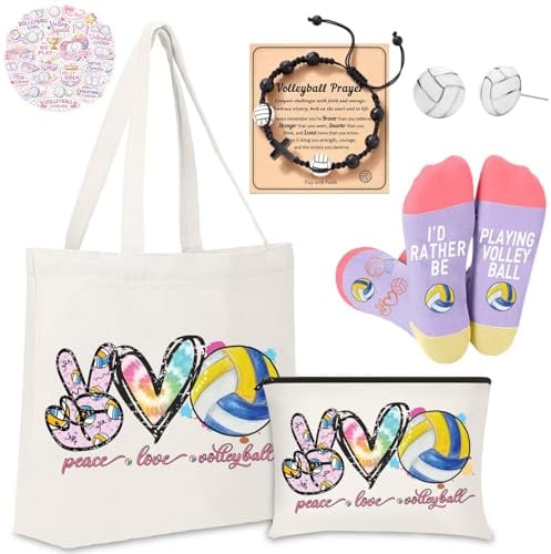 Flotreif Volleyball gifts for teen girls Set Volleyball gifts Volleyball funny socks Volleyball earrings Volleyball Makeup Bag 50Pcs Volleyball Stickers-5Pcs Volleyball gifts, Volleyball Gifts Set-6P