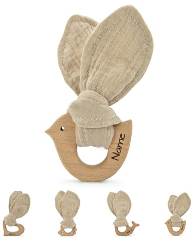 kleinerStorch® Baby HOLZ & STOFF Greifling personalisiert mit Namen | Mädchen & Jungen Lernspielzeug als Geschenk zur Geburt, Taufe | Beißring Tiere (Vogel)