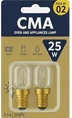 CMA 25Watt Oven Light Bulb,SES E14 Small Screw Cap, High Temperature 300°C, Incandescent Pygmy Lamp for Appliances Like Oven, Microwave, Cooker Hood, Fridge, 2 Pack