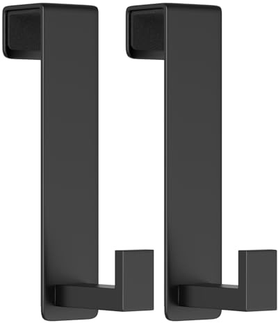 WUIVIUT Over Door Hook 2-Pack, Black Coat Hooks for 4 cm Thick Doors | Heavy-duty stainless steel L-shaped back of door hooks, no-drill hooks for hanging coats and towels in bedrooms or offices