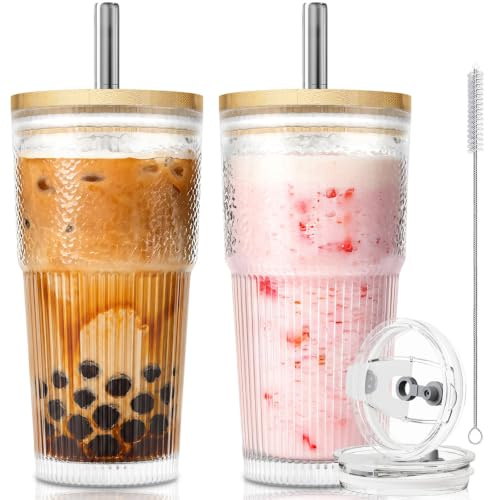 KEMORELA 2-Pack 20oz/600ml Ribbed Glass Tumblers with 2-in-1 Leak-Proof Lids & 13mm Stainless Steel Straws – Reusable Drinking Cups for Iced Coffee, Boba, Smoothies, Cold & Hot Drinks, Travel Cups