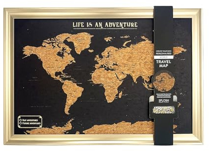 Splosh Framed World Travel Map with Pins – Black Cork Pin Board with Gold Frame Wooden World Map Wall Art Push Pin Travel Tracker for Past & Future Adventures Travel Gift for Men & Women (55 x 37 cm)