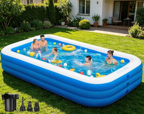Aufblasbarer Swimmingpool für Familie, 330,2 x 182,9 x 55,9 cm, großer aufblasbarer Pool für Erwachsene und Kinder, verdickter Hinterhofpool mit Pumpe, schnelles Aufblasen für Sommer, Outdoor