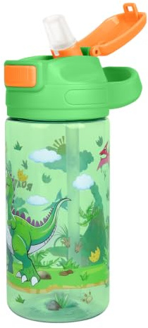 decalsweet Gourde Enfant Sans BPA, 480ml Gourde Maternelle Paille Dinosaure | Bouteille Enfant Anti-Fuite,avec Poignée,Gourde Sport pour Filles et Garçons,pour École & Sport,Portable,Facile à nettoyer