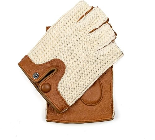 HAND GEWAND - BEN - Fingerlose Autofahrerhandschuhe Herren aus Hirschleder mit gehäkelter Oberseite – Leder Fahrhandschuhe für Oldtimer, Cabrio, Fahrrad & Alltag