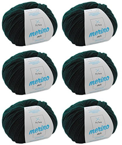 Merinowolle kaufen - Merino Wolle jägergrün (Fb 7440) - 6 Knäuel grüne Wolle zum Stricken - Strickgarn Merino + GRATIS MyOma Label - 50g/120m - MyOma Wolle - weiche Wolle - Mischgarn