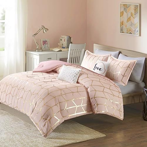 Intelligent Design Raina Comforter Set King/Cal King Size - Blush Gold, Geometric – 5 Piece Bed Sets – Ultra Soft Microfiber Teen Bedding for Girls Bedroom