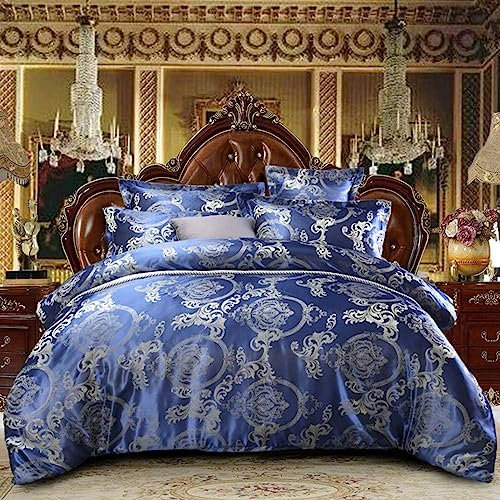 DXHOME Bettwäsche Blau 155x220cm Satin Wendebettwäsche 3teilig Jacquard Grau Blumen Romantisch Muster Bettwaesche mit Reissverschluss Microfaser Seide Graue Bettbezug Paare Set Ornamente