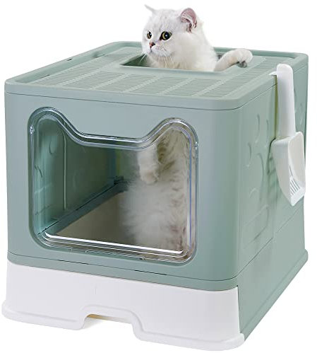 Pawsayes Katzentoilette, Faltbar Katzenklo mit Deckel Inklusive Scoop, Große Kapazität Leicht zu Reinigen Klappbare Katzentoilette mit ausziehbarer Schale und Streuschaufel