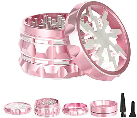 TIRIRS 6,3 cm 4 Stück Kräutermühle mit klarem Deckel – Gewürzmühle aus Aluminium mit Pollenschaber und Reinigungsbürste – rosa Körper mit silbernem Blitz auf der Oberseite
