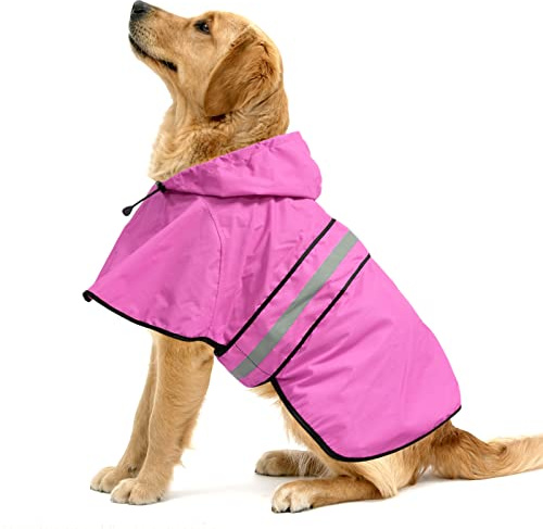 Ezierfy Reflective Dog Rain Coat - Waterproof Adjustable Pet Rain Jacket, Lightweight Dog Hooded Poncho Raincoat for Small to X- Large Dogs and Puppies (Pink, Large)