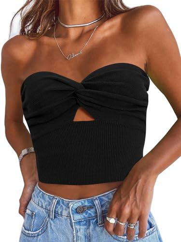 EFAN, Camiseta de tubo sin tirantes con nudo torcido delantero para mujer, bandeau de tipo corsé, de punto acanalado