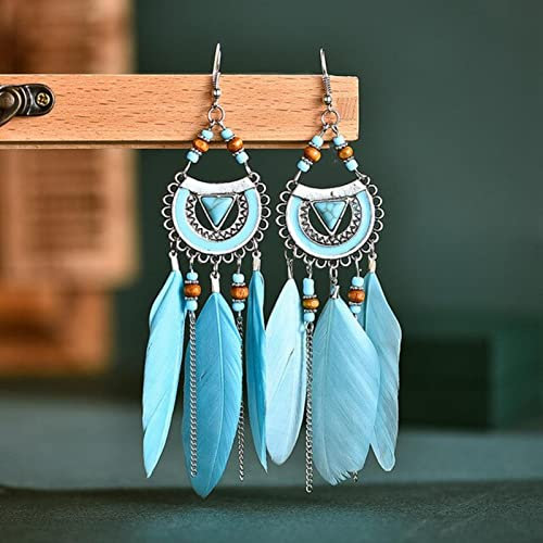 STOPI Ethnische Rote Feder-Ohrringe Zigeuner-Indianer-schmuck Böhmische Fächerförmige Holz-/steinperlen-Quasten-Ohrringe Für Frauen