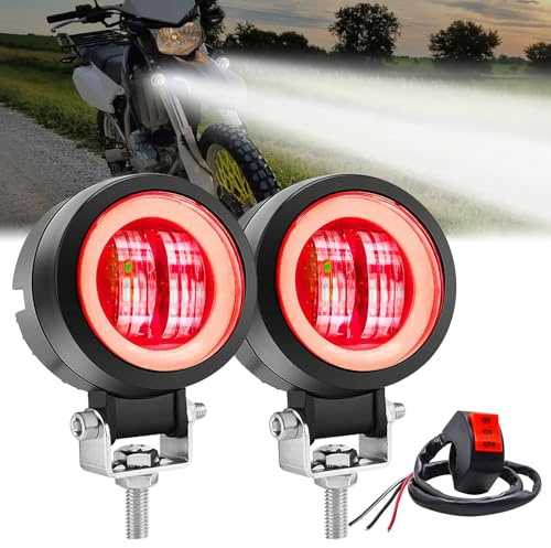 Ygmylandbb Motocicleta halo Luz antiniebla con interruptor 12 V / 24 V Motocicleta luces auxiliares con rojo Ojos de ángel 3 pulgadas, 2Pcs