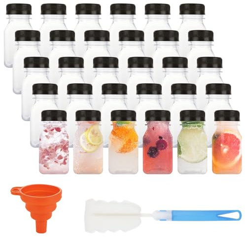 DAJAVE 30 PCS 4oz/120ml Plastic Juice Bottles Empty Reusable Shot Bottles with Lids Small Juice Bottle with Funnel and Brush Bulk Beverage Drink Bottle for Juices, Milk, Homemade Beverage