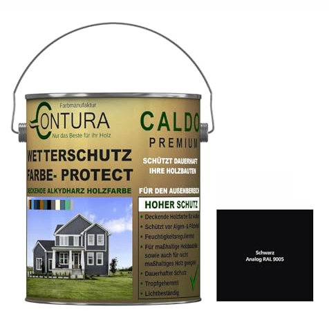 Contura Wetterschutzfarbe 500ml. Holz Dauerschutzfarbe Deckend Buntlack Holzfarbe Holzlasur Seidenmatt (Schwarz - RAL 9005 Analog)