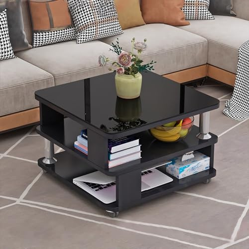 GHBXJX Klein Couchtisch mit Stauraum und Rollen, Sofa Beistelltisch Holztisch Wohnzimmer Tisch, Coffee Table Couchtische mit Glasplatte, einfacher Aufbau, moderner Stil, 50x50x55 cm,C