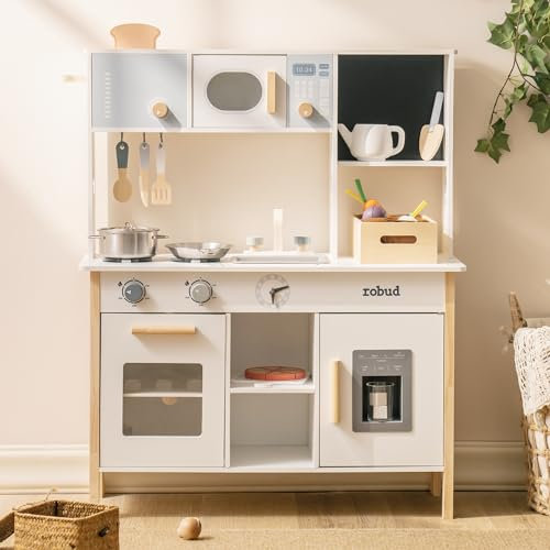 ROBUD Spielküche für Kinder, Kinderküche Holz mit Pflanzkasten & Toaster & Eismaschine & Schneiden Spiellebensmitteln, Spielset mit Zubehör Pflanzküche, Pizza, Geschenk für Kinder ab 3 Jahren