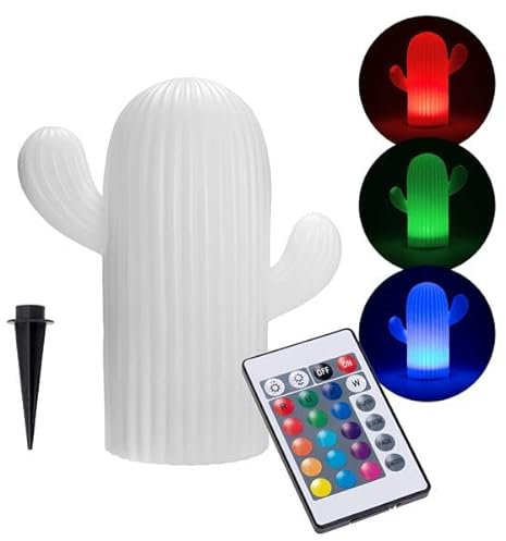 Solar Dekoleuchte für den Garten | moderne Solarleuchte für außen mit Fernbedienung | RGB – Farbwechsel | kabellos | dimmbar | 3 Lichtmodi | weiß-matt (Kaktus)