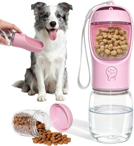 Dog Water Bottle 3in1 Portable Drink Bottle Bowl with Food Container Pink | Leak-Proof Dog Water Dispenser Bottles for Dogs Cat Pet Walking Travel Camping Hiking, Puppy Essentials | 350ml