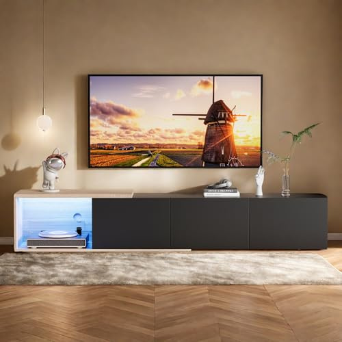 HFASD Meuble TV Extensible 163-240 cm avec Induction LED Bande Lumineuse, Meuble TV avec 3 tiroirs et Rangement Ouvert, Table TV pour Télévision 65 Pouces (Noir, 163-240x38x44 cm)