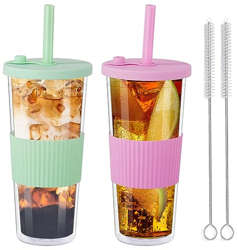 autumndeer 2 Pack Boba Tea Cup with Straw and Lid, 24 Oz Clear Double Wall Insulated Smoothie Tumbler, Reusable Bubble Tea Mug, Leakproof Wide Straw for Iced Coffee Smoothie Cup (Green & Pink)
