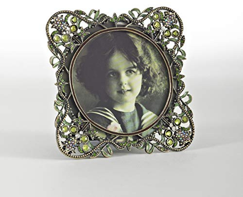 SARO LIFESTYLE Bejeweled Decorative Photo Frame – Round Floral Crystal Accent Picture Frame – Fits 4x4 Photo