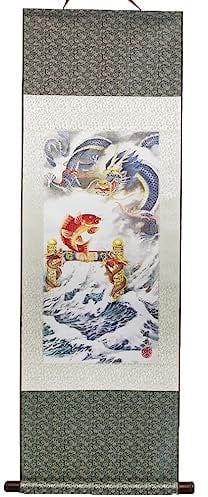 lachineuse - Kakemono Carpe Sautant Porte du Dragon - Tapisserie Murale - Décoration Japonaise à Suspendre - 120 x 38 cm - Symbole de Réussite - Tableau Japonais - Coloris Gris - Idée Cadeau Japon