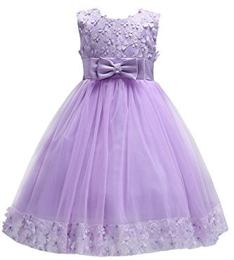 YMING Fille Robe de Fête 3D Fleurs Roses Noeud Robe d'été Cérémonie Robe Princess Violet 9-10 Ans
