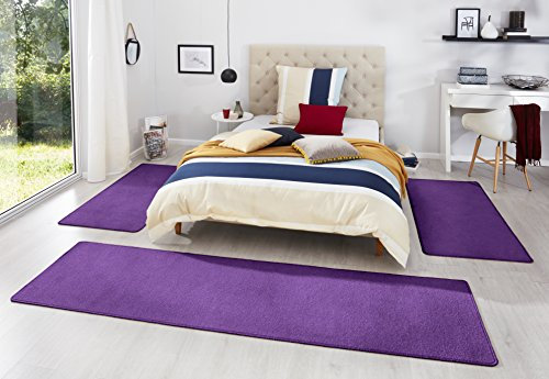 Hanse Home Teppich Bettumrandung Fancy 3-teilig – Bettvorleger Velours Teppichläufer Kurzflor Einfarbig Läufer-Set für Kinderzimmer Schlafzimmer, Lila 2X 67x140 cm 1x 67x250cm
