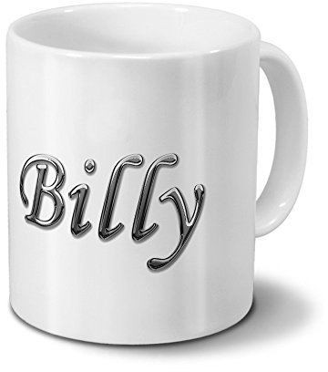 printplanet Tasse mit Namen Billy - Motiv Chrom-Schriftzug - Namenstasse, Kaffeebecher, Mug, Becher, Kaffeetasse - Farbe Weiß