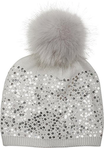 styleBREAKER Feinstrick Bommelmütze mit Pailletten und abnehmbarem Kunstfell Bommel, Fellbommel Mütze, Damen 04024134, Farbe:Hellgrau