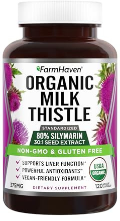 FarmHaven USDA Organic Milk Thistle Capsules | 30X Concentrated Seed Extract & 80% Silymarin Standardized - Supports Liver Function and Overall Health | Non-GMO | 120 Vegan Capsules