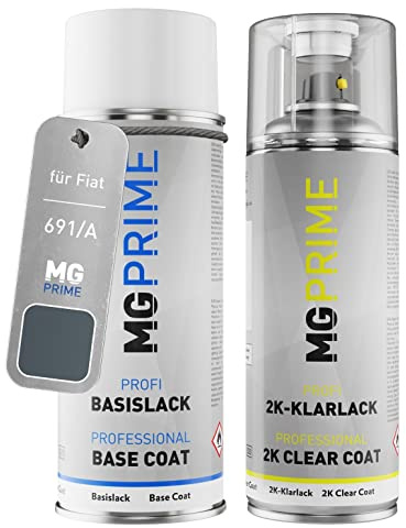 MG PRIME Autolack Spraydose für Fiat 691/A / 691 Grigio Ferro Metallic +2K | Fer Grau Metallic, Set aus Basislack + 2K Klarlack, Sprühdosen 400ml