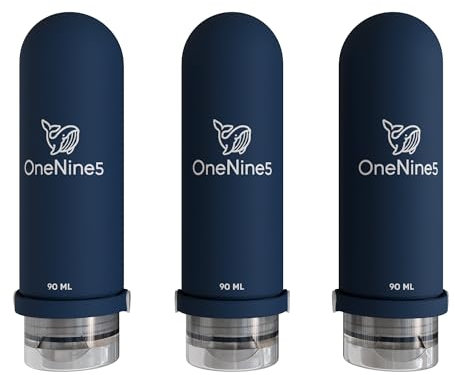OneNine5 Travel Bottles 3-Pack 90ml (Blue) - Silicone Refillable Airline Approved 100ml Travel Toiletries Essentials