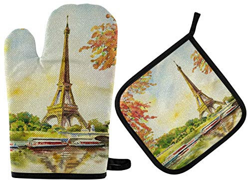 Set De Maniques Gants De Four Paris Tour Eiffel Automne France Paysage Gants De Four avec Isolation Thermique Maniques Imperméable Gant Cuisine pour Four Barbecue, La Cuisine, Grillade
