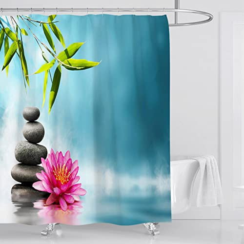 OCEUMACO Rideau de Douche Anti Moisissure Galet Zen Imprimé Rideau Douche Tissu Imperméable Polyester 120x180 cm 3D Orchidee Bambou Rideaux de Douche Baignoire Lavable Machine avec Crochets - Bleu