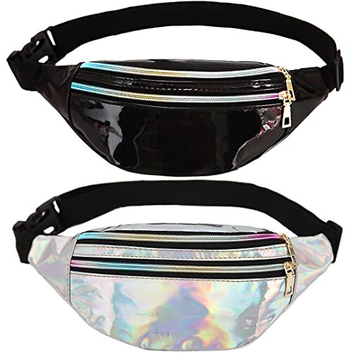 2 teilige glänzende holographische Fanny-Pack, CKANDAY Metallic Farbe Sport wasserdichte Taille Tasche Neon Taille mit Taschen und verstellbarem Gürtel für Frauen Männer Kinder Reisen Laufende