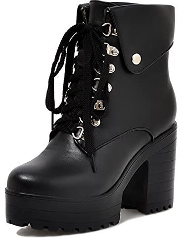 Lroey Reoly Stivaletti da Donna con Tacco a Blocco, Stivali da Vestito Tacco Alto Punta Rotonda Polacchine Cordoncino Plateau 208 Nero/Hm Numero 34 EU