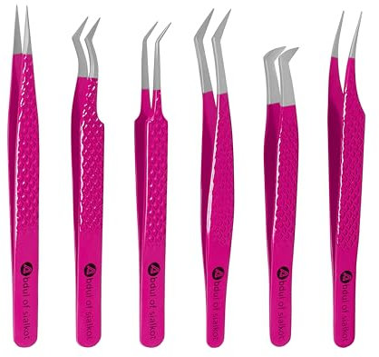 Abdul of Silakor - Set di 6 pinzette per extension per ciglia volumizzanti, in acciaio inox, per l'isolamento delle estensioni delle ciglia e set di pinzette classiche per ciglia (rosa)