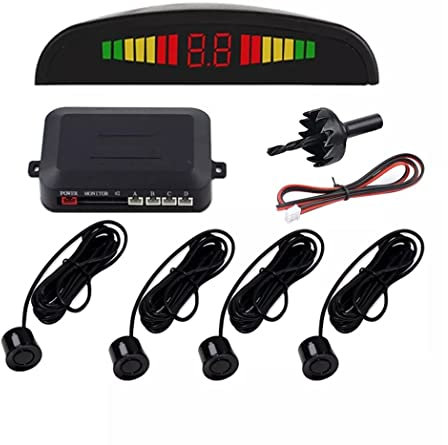 Auto Rückfahrwarner Einparkhilfe 4 Sensoren Einparkassistent Einparksystem PDC + LED Anzeigen + Akustische Warnung - Schwarz