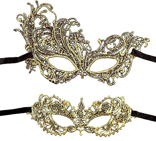 Jagowa 2PCS Gold Masquerade Masks Venetian Eye Mask Venetian Women Mask Mardi Gras Party Evening Prom Costume Mask, 21 x 8cm