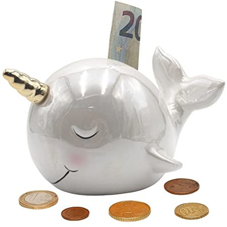 Dekohelden24 Keramik Spardose als Wal Perleffekt, Weiß, Einhorn-Wal - Spar-Wal - Walsparbüchse - Saving-Box, L/B/H: ca. 17 x 13 x 11 cm