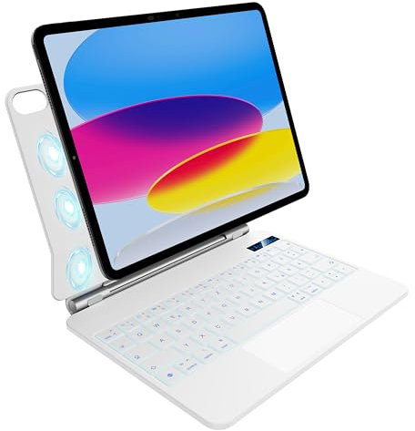 nimin Tastatur Hülle für iPad A16 2025 und iPad 10 Generation 2022 mit Trackpad, Magnetische Aufhängung Design, 7 Farbige Beleuchtung, QWERTZ Deutsches Layout, Weiß